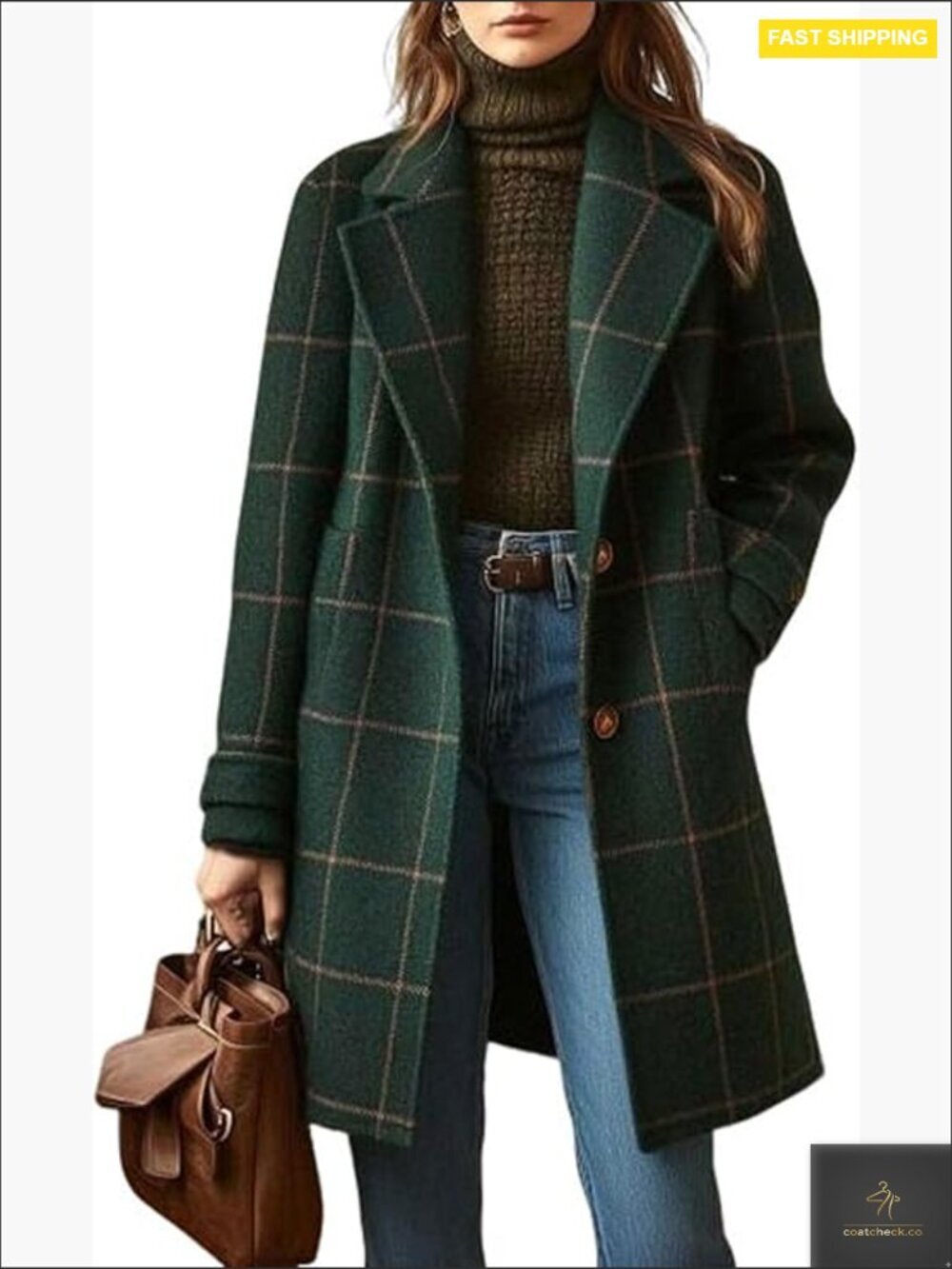 Vintage Plaid Trench Coat Mid Length Wool Blend Lapel Collar Classic Chic